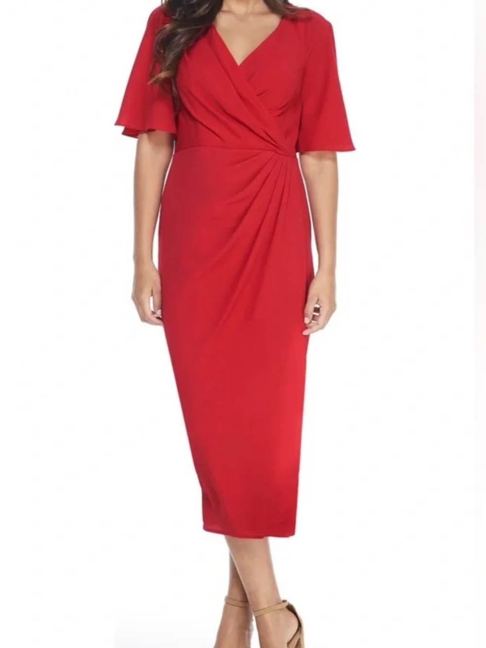 Maggy London Red Faux-Wrap Midi Dress